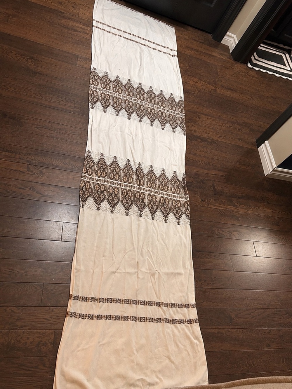 Vintage Extra Long Embroidered Table Runner – Brown & Cream Geometric